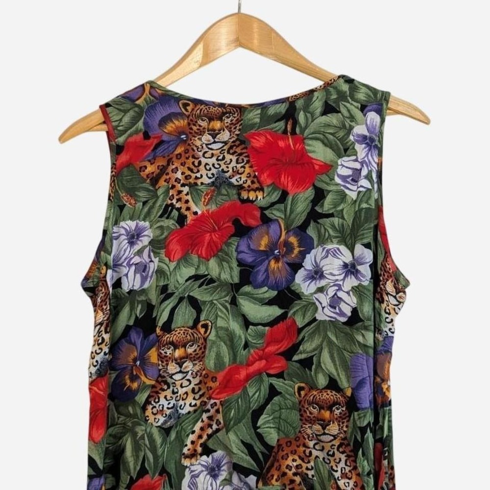 Vintage 90s Caribou New York Leopard Jungle Novelty Print Maxi Dress Large - Picture 4 of 7